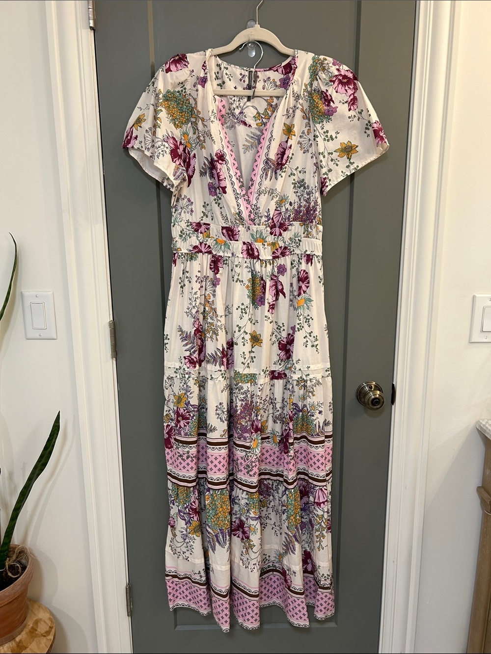 Anthropologie Cream Maxi Dress with Purple & Yellow Floral Print Women’s Size M